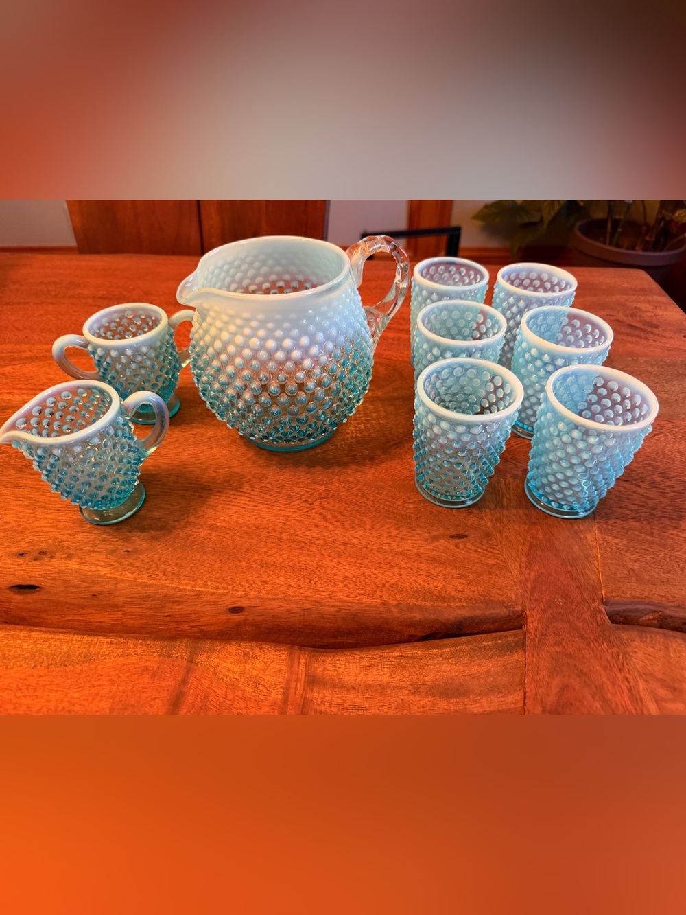 FENTON USA BLUE COLBALT OPALESCENT HOBNAIL GLASS JUICE TUMBLER PITCHER SET MINT